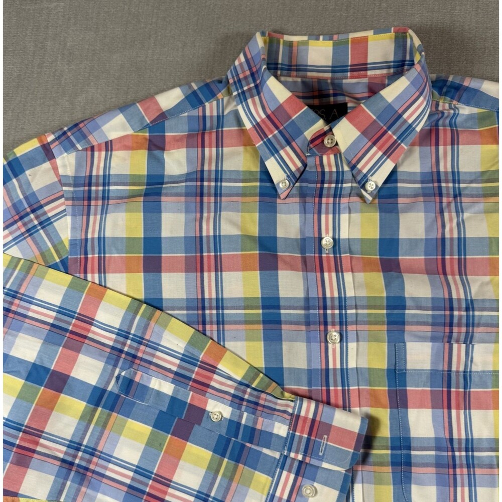 Jos A. Bank Traveler's Collection Long Sleeve Shirt Size L Red Blue Yellow Plaid